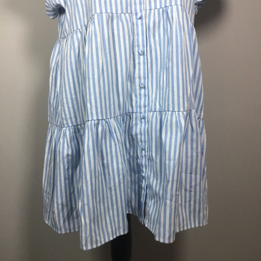 Light blue & white striped button down summer dress shirt sleeve tiered skirt L - Picture 3 of 8